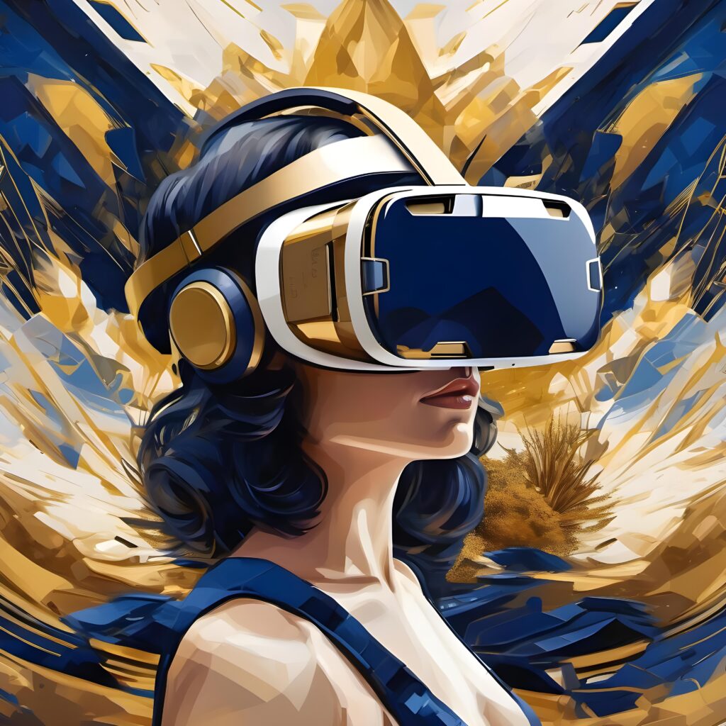 Junge Frau taucht mit VR-Brille in eine Welt der Bildung und Kultur ein.